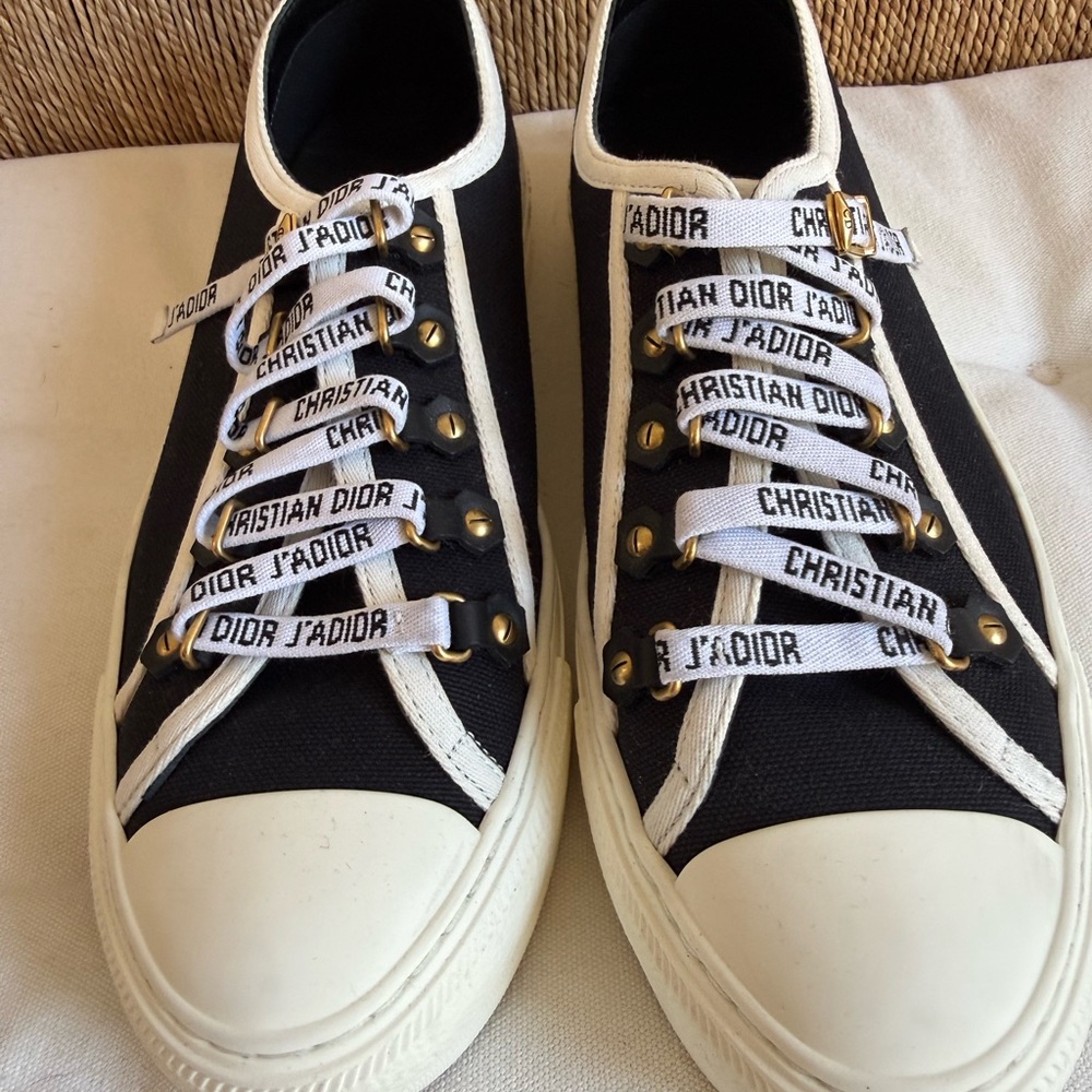 Dior Black and White Low-Top Canvas Sneakers with Gold Accents - Picture 2 of 9